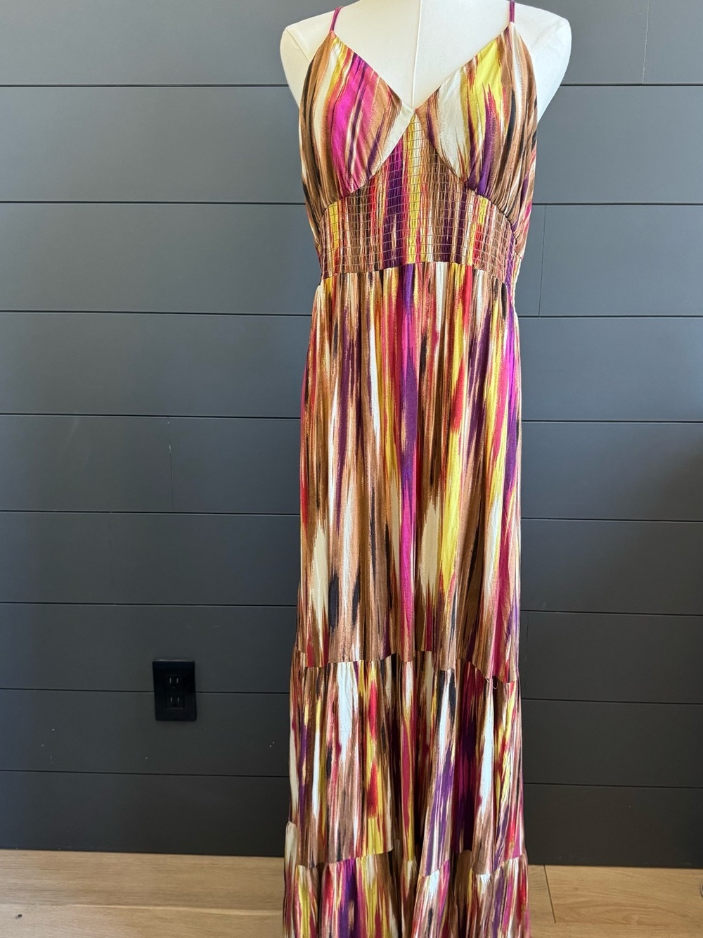 Miss Tina Gold, Brown Pink Striped Spaghetti Strap Maxi Dress Summer Resortwear